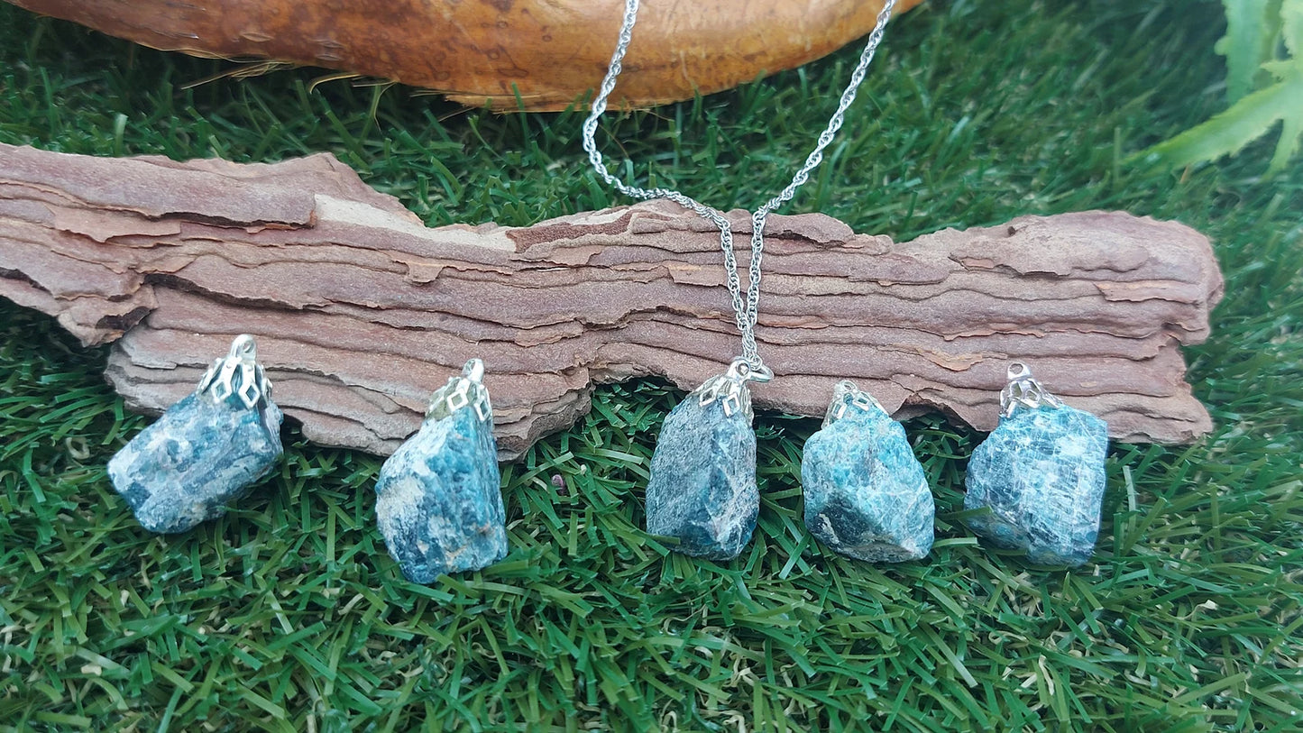 Raw Apatite Necklace - Steel Chain Crystal Pendant