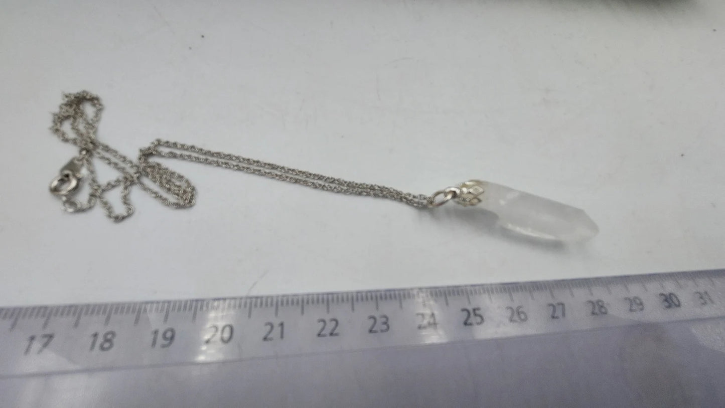 Raw Quartz Point Necklace - Steel Chain Crystal Pendant
