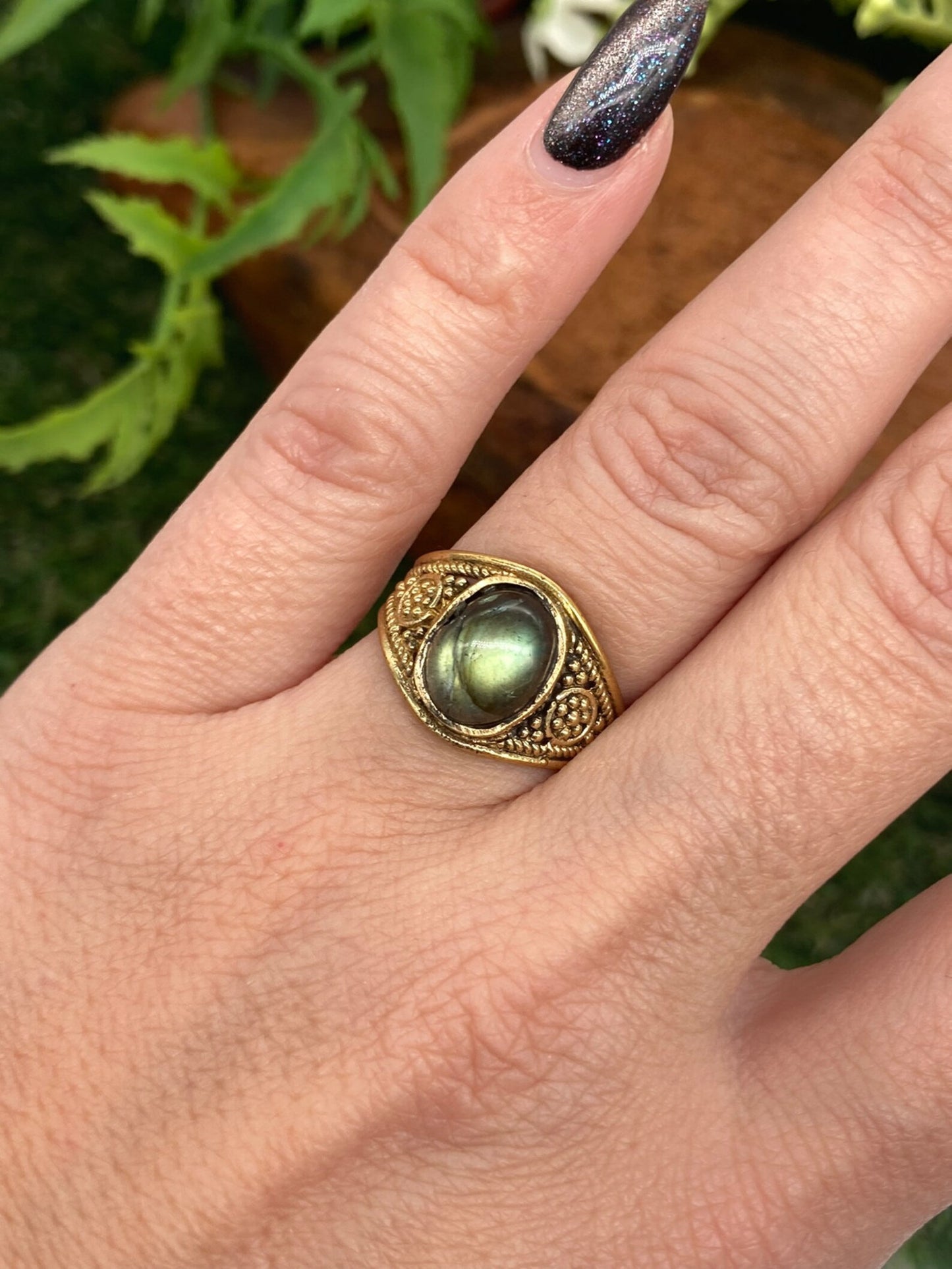 Labradorite Crystal Brass Ring