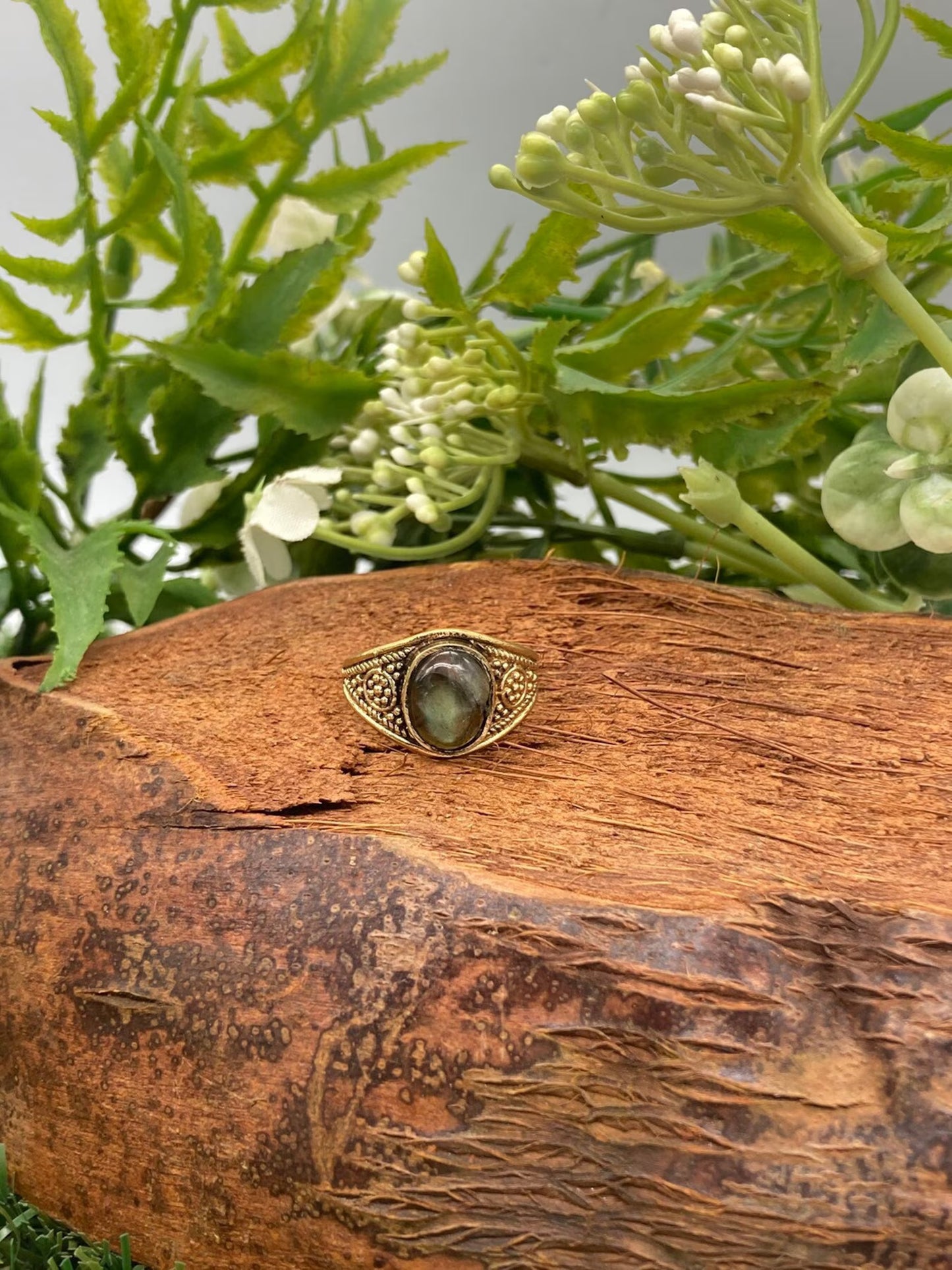 Labradorite Crystal Brass Ring