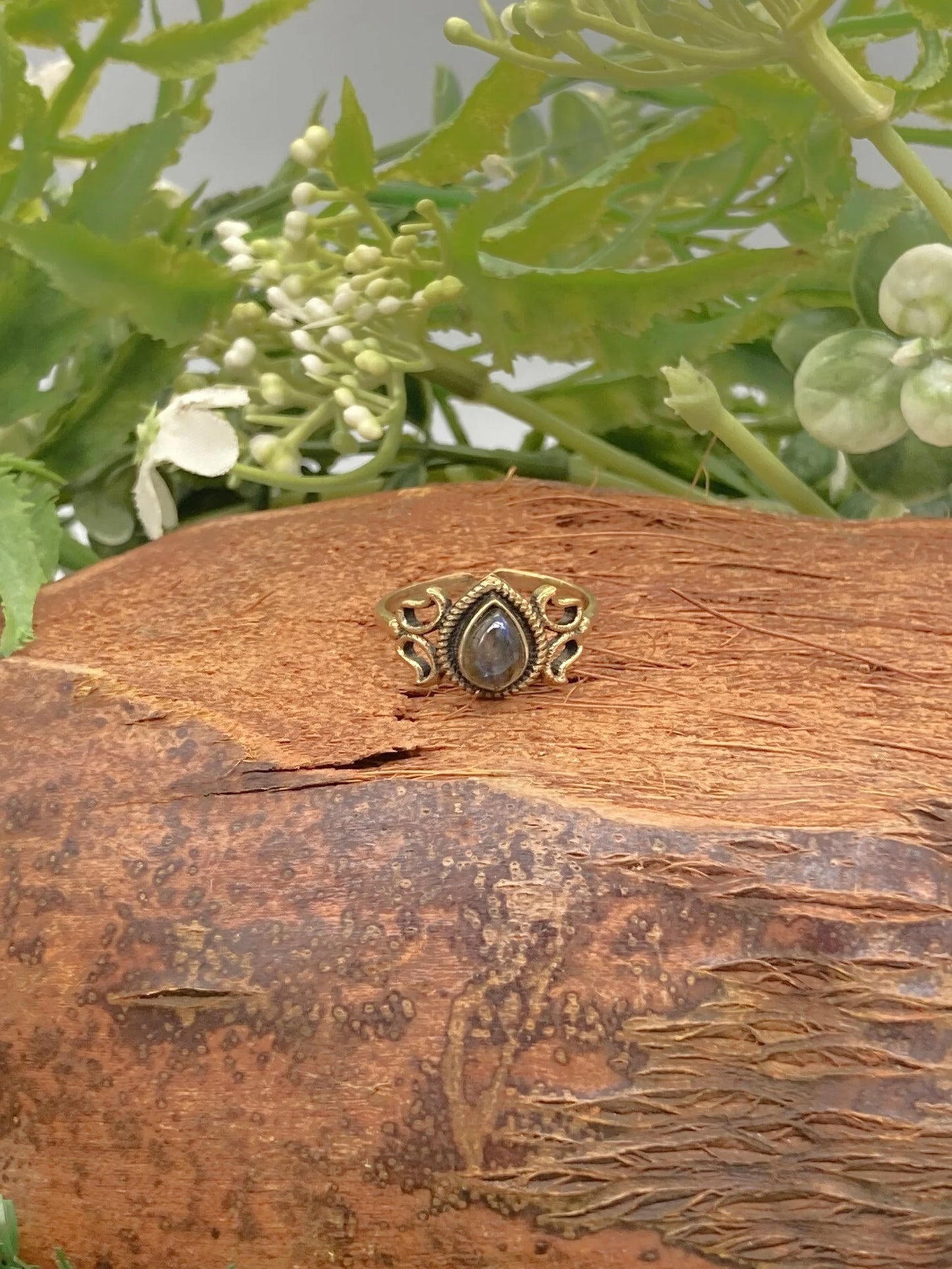 Labradorite Crystal Brass Ring