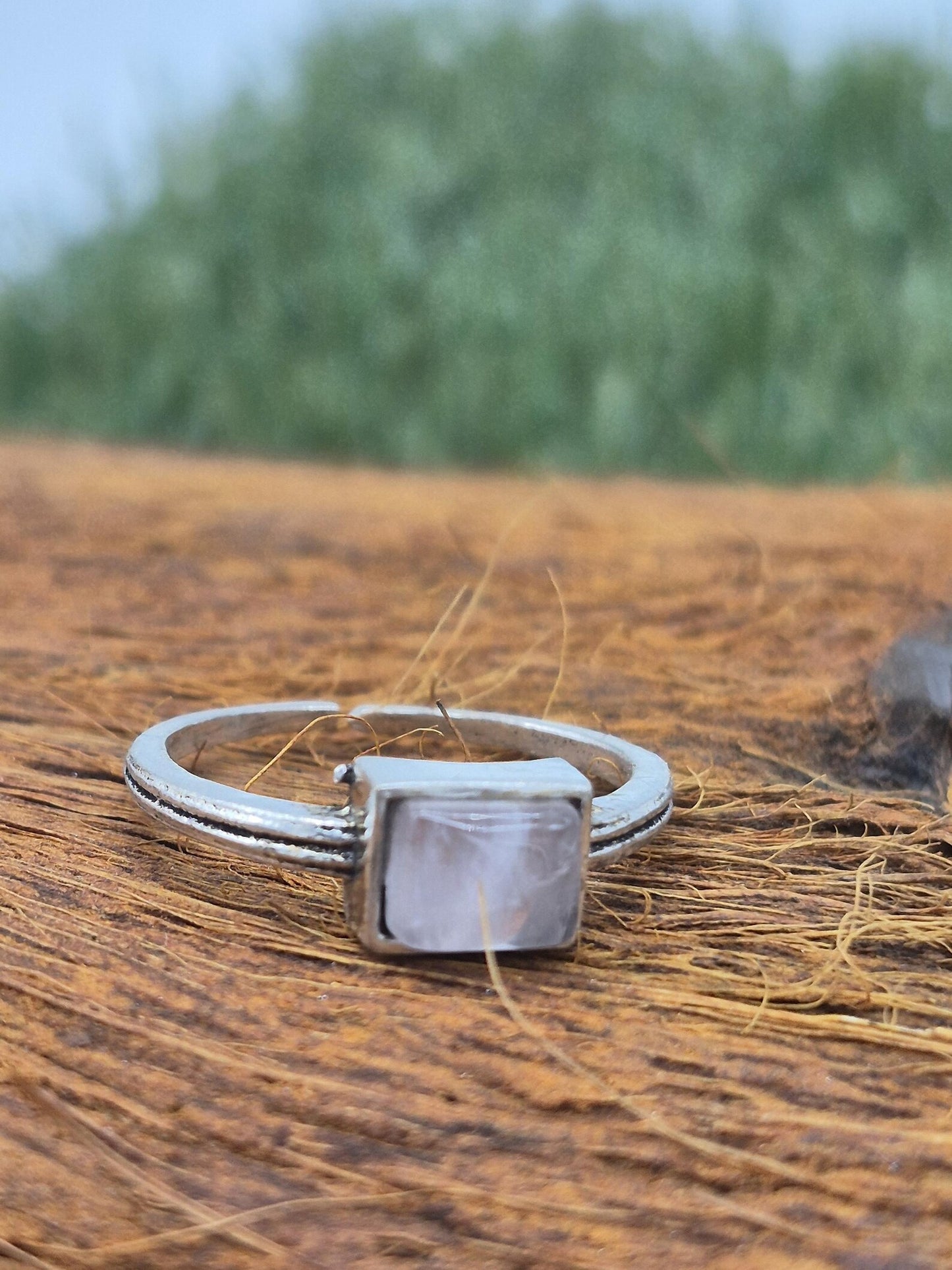 Rose Quartz Geometric Ring: Silver Plated Adjustable Band