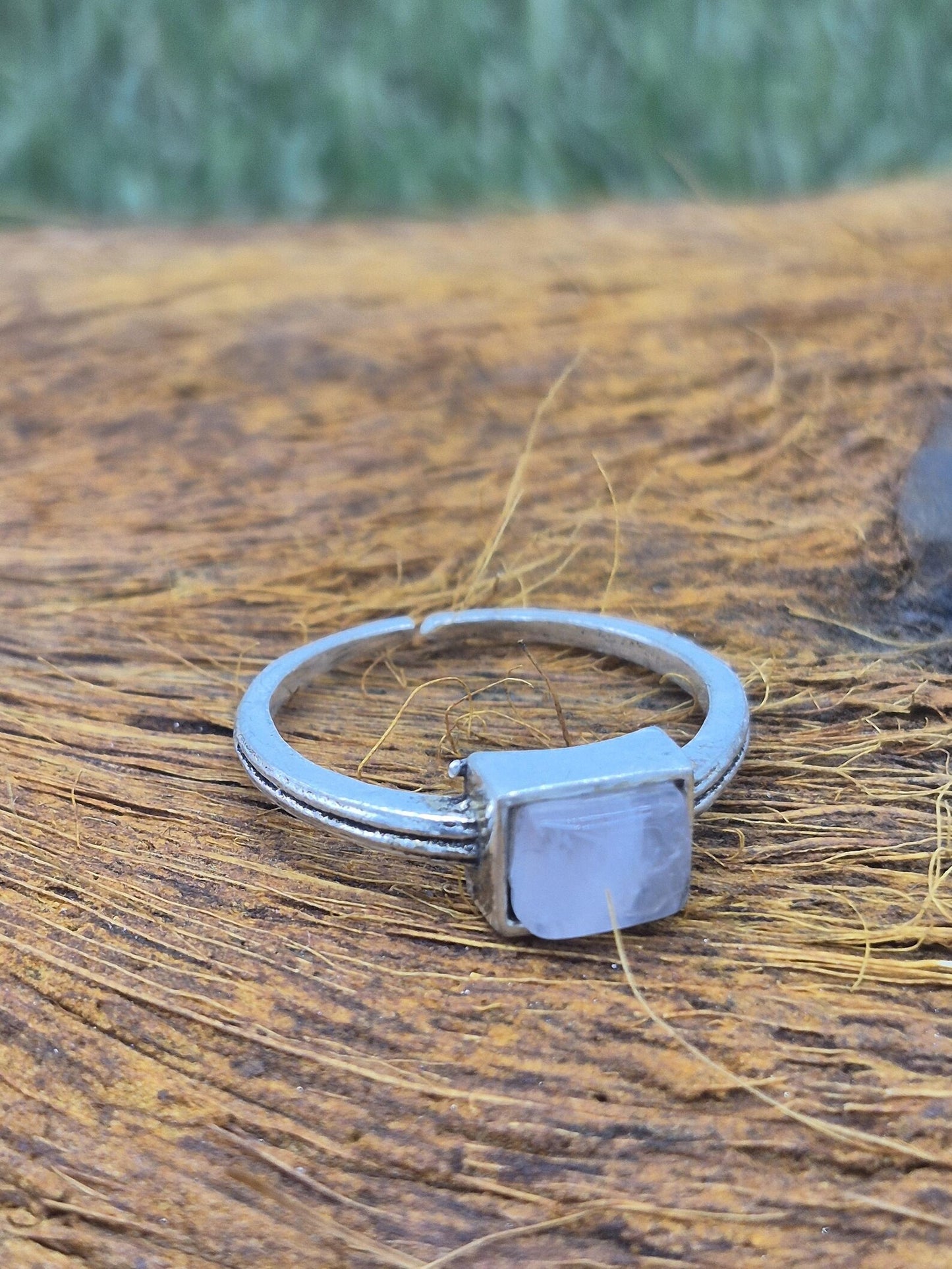Rose Quartz Geometric Ring: Silver Plated Adjustable Band