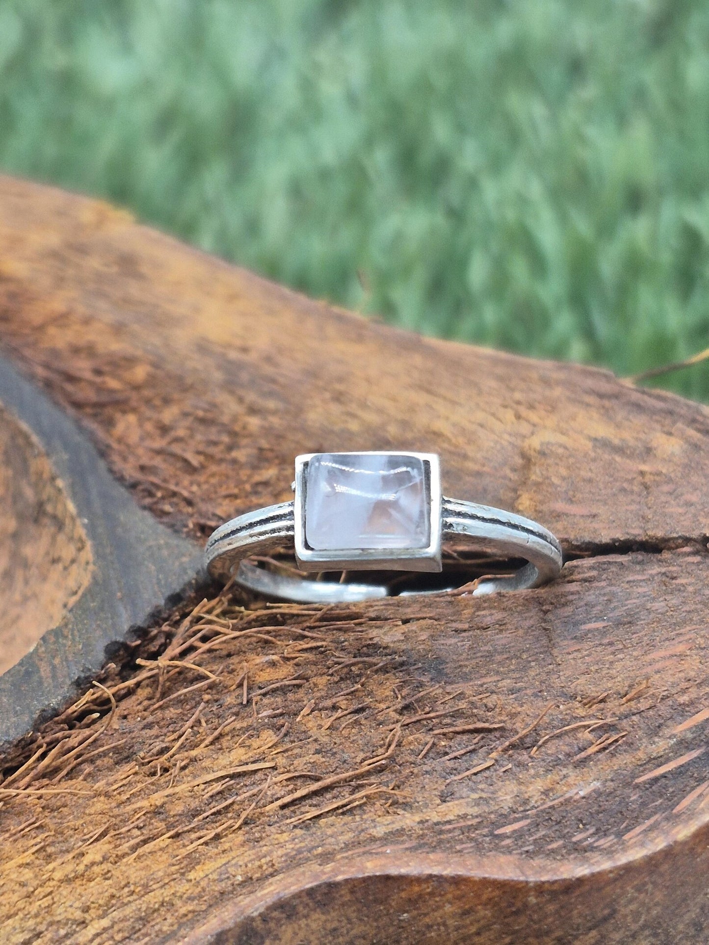 Rose Quartz Geometric Ring: Silver Plated Adjustable Band