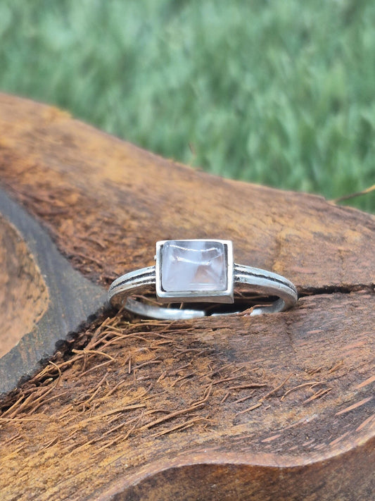 Rose Quartz Geometric Ring: Silver Plated Adjustable Band