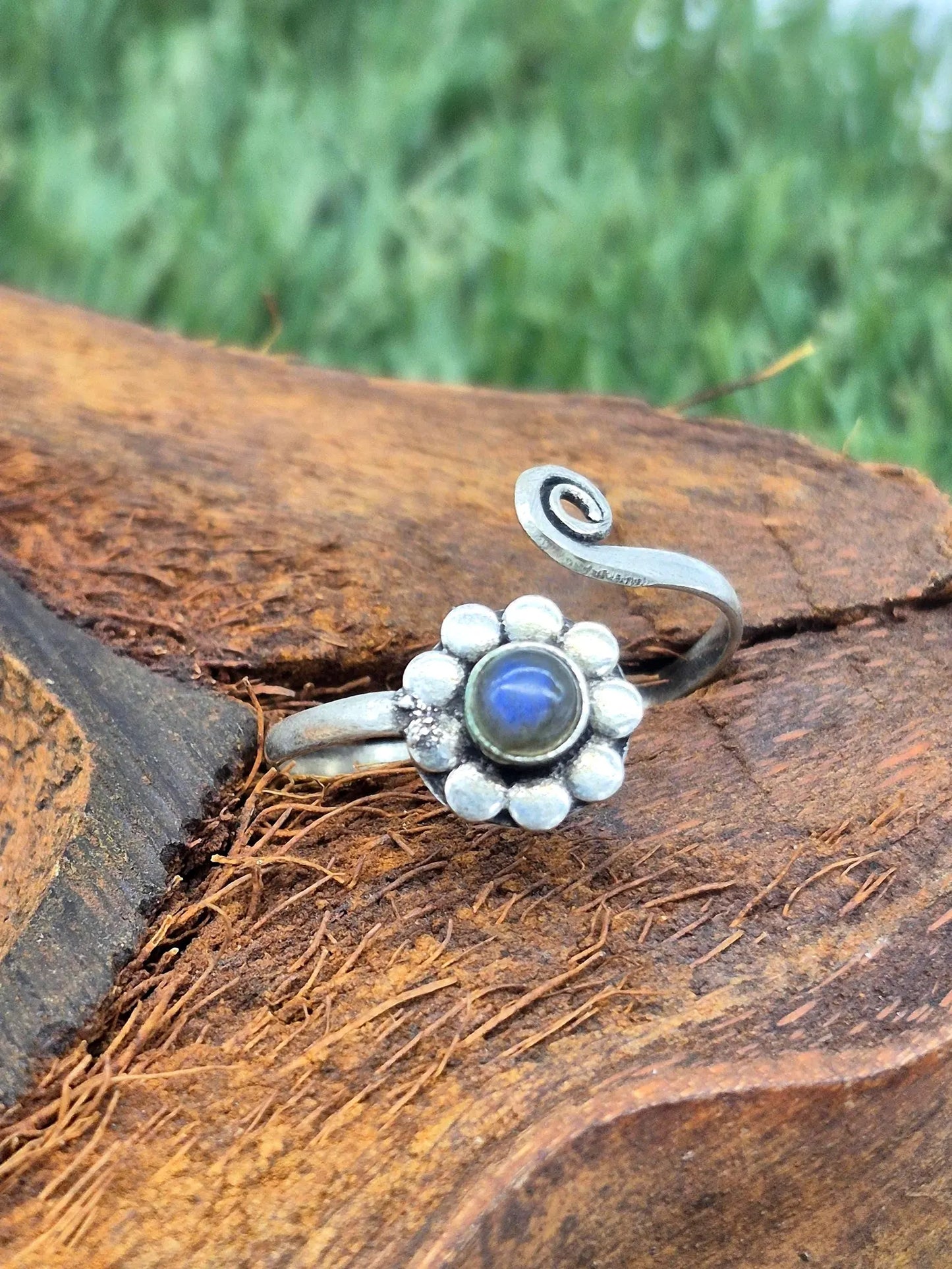Blue Labradorite Crystal Silver Plated Adjustable Ring for Women