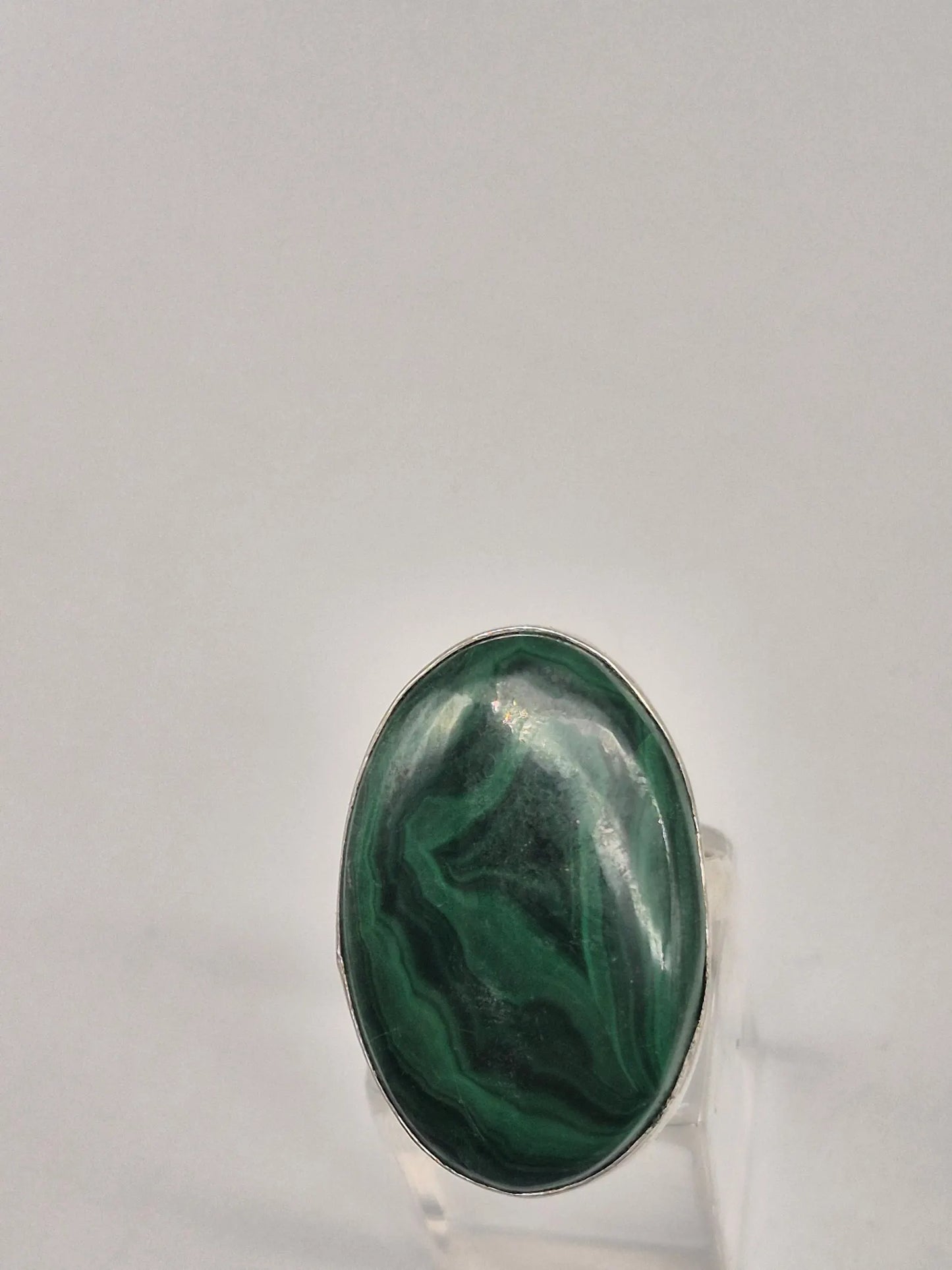 Malachite Adjustable Ring – Silver Plated Green Cabochon - Healing Crystal Jewelry