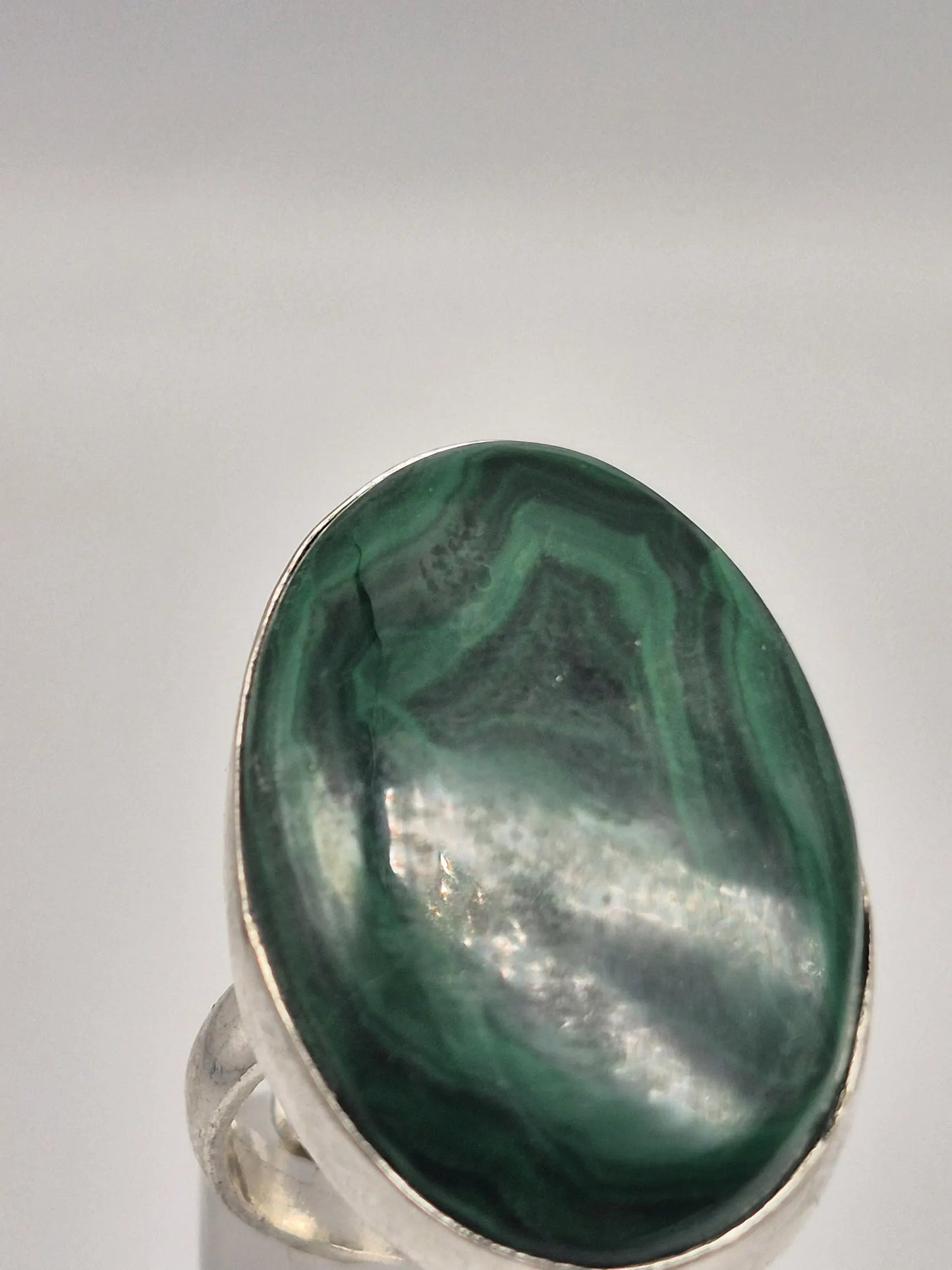Malachite Adjustable Ring – Silver Plated Green Cabochon - Healing Crystal Jewelry