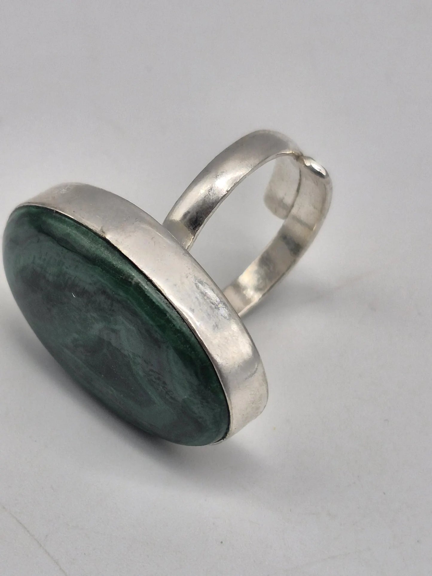 Malachite Adjustable Ring – Silver Plated Green Cabochon - Healing Crystal Jewelry