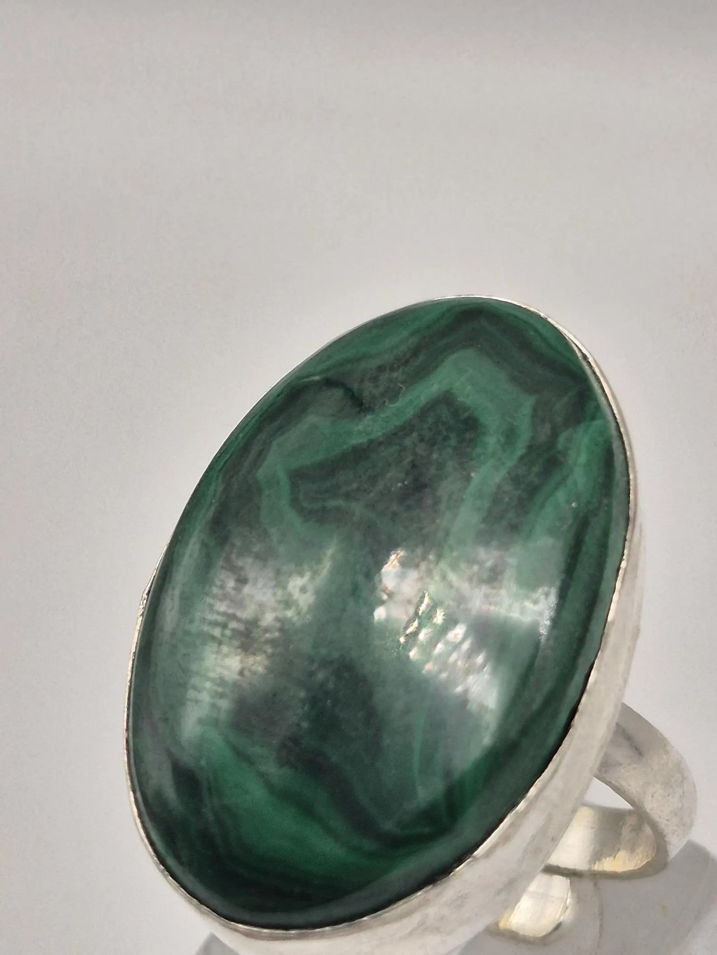 Malachite Adjustable Ring – Silver Plated Green Cabochon - Healing Crystal Jewelry