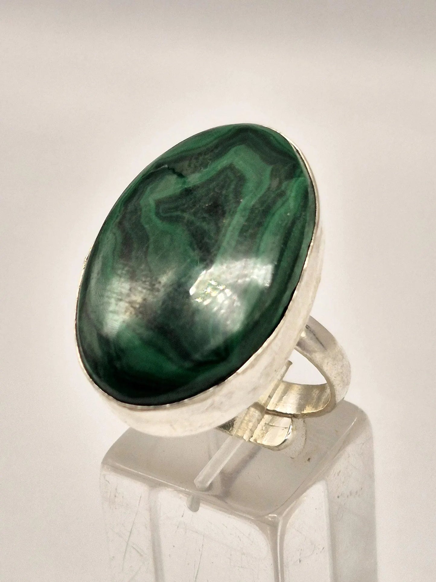 Malachite Adjustable Ring – Silver Plated Green Cabochon - Healing Crystal Jewelry