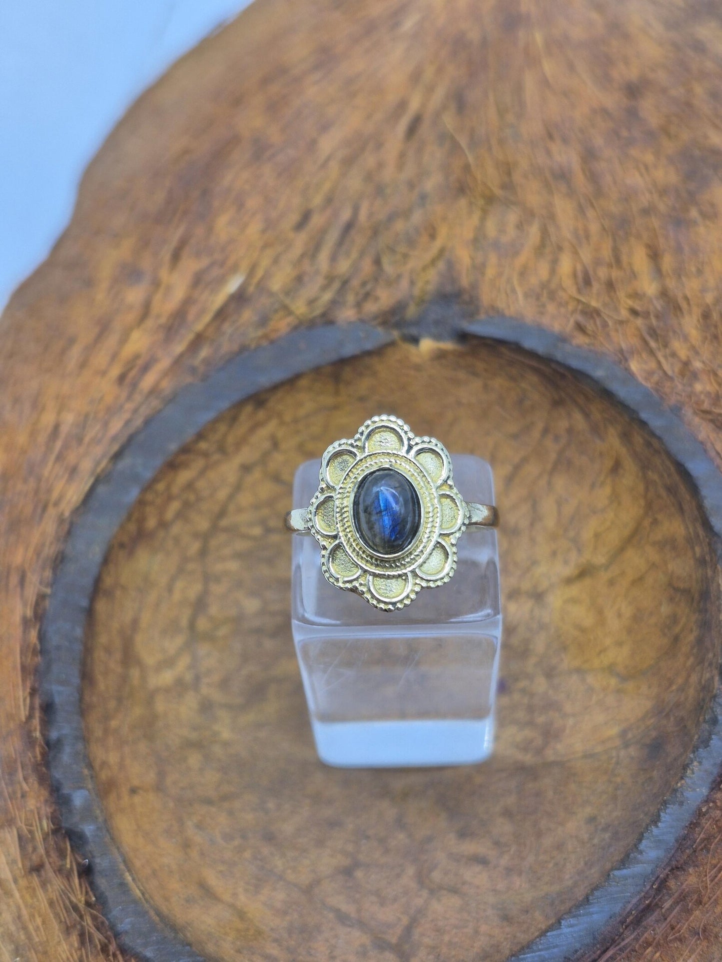 Labradorite Brass Adjustable Ring for Women