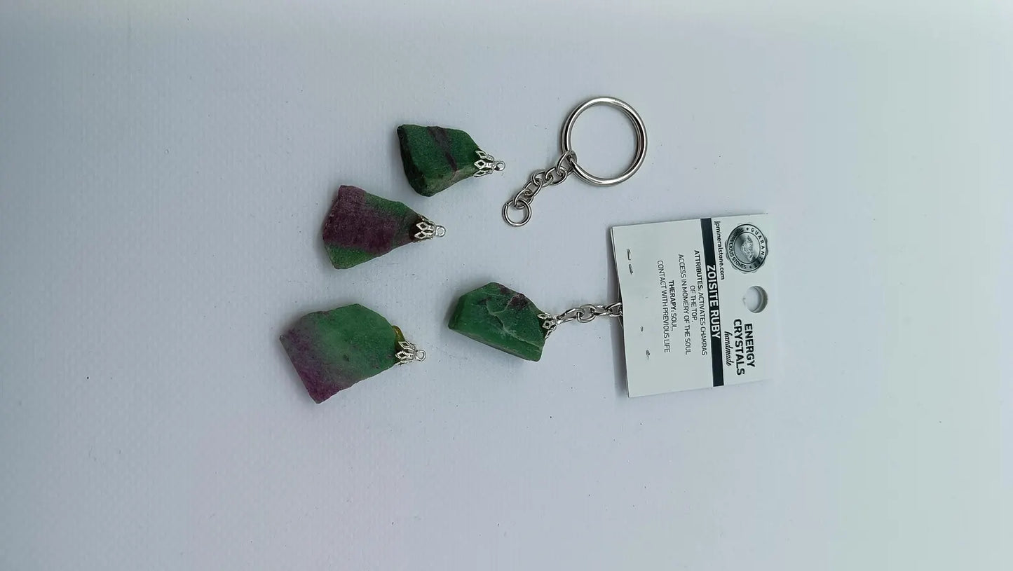 Raw Ruby Zoisite Keychain – Natural Green & Pink Crystal Gemstone Accessory