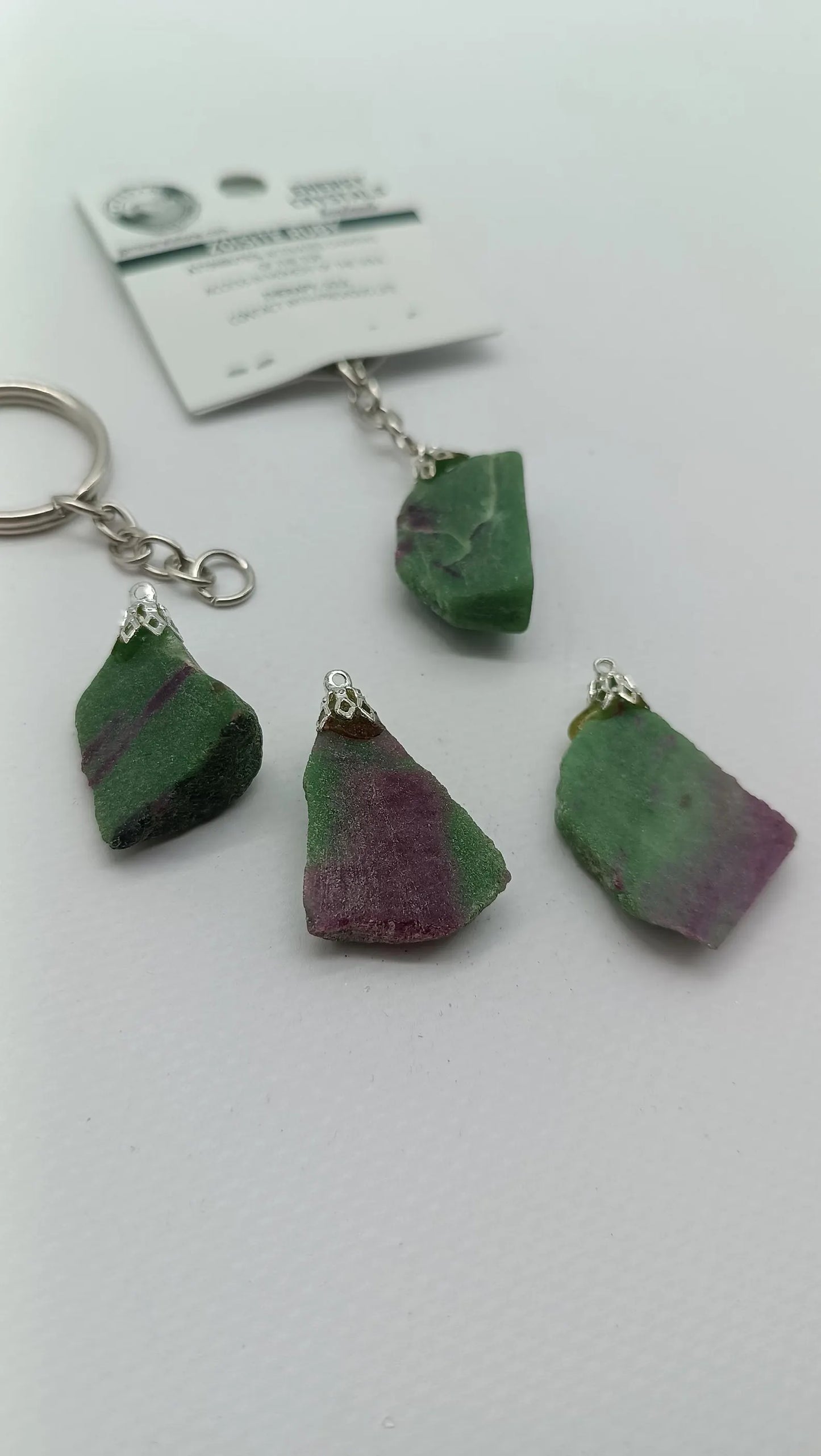 Raw Ruby Zoisite Keychain – Natural Green & Pink Crystal Gemstone Accessory