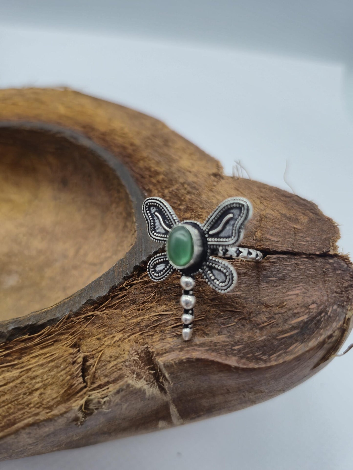 Green Aventurine Butterfly Ring – Adjustable Silver-Plated Gemstone Ring for Women