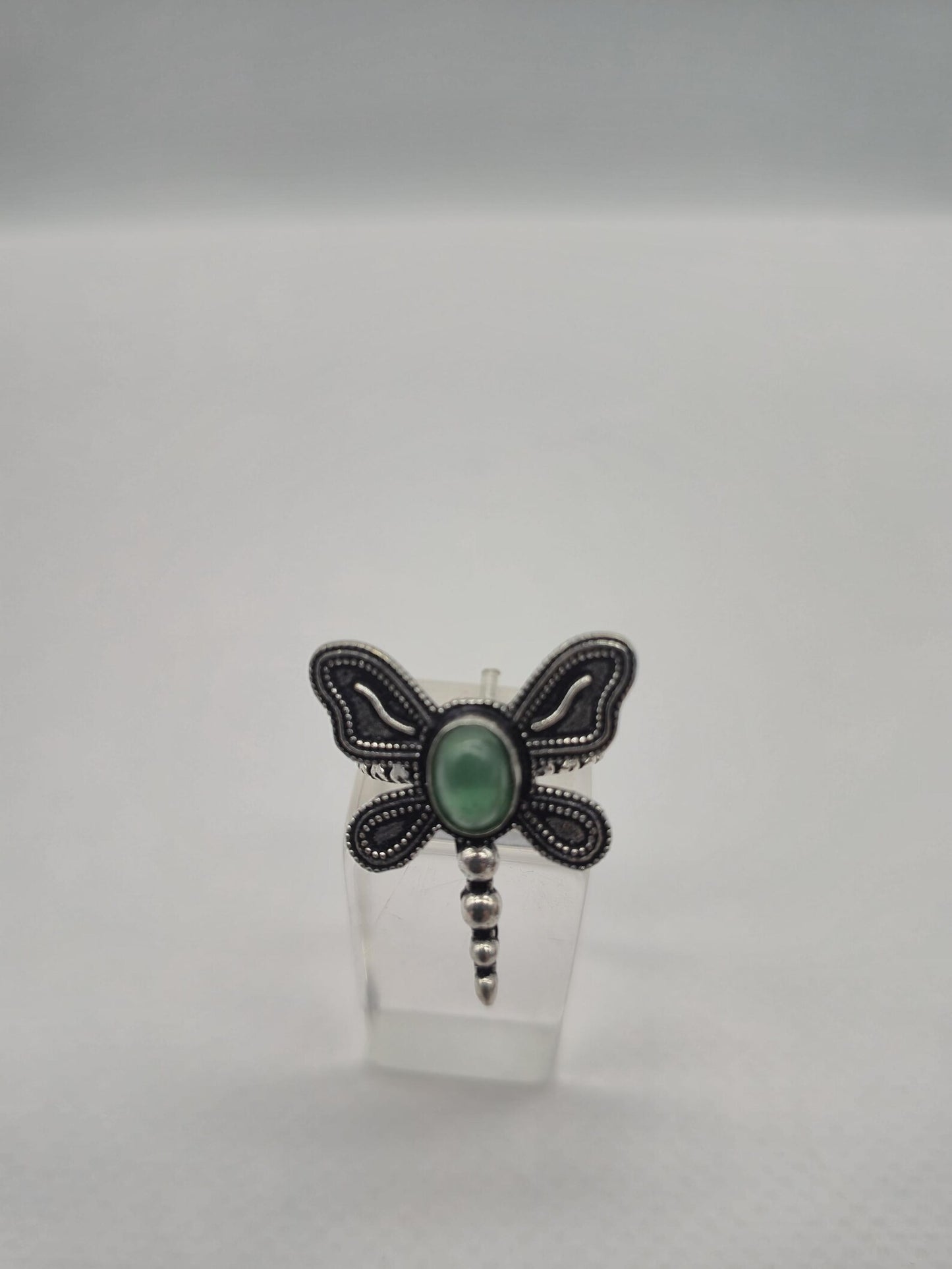 Green Aventurine Butterfly Ring – Adjustable Silver-Plated Gemstone Ring for Women