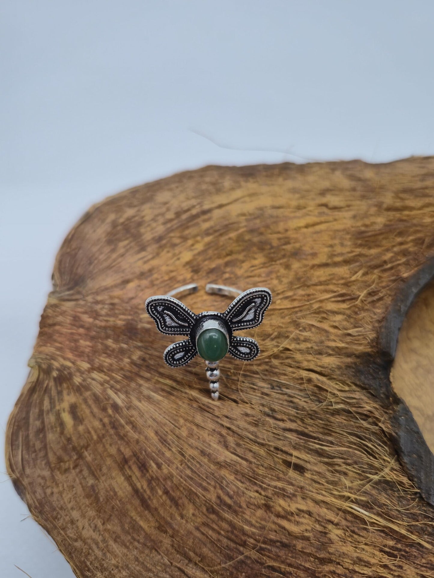 Green Aventurine Butterfly Ring – Adjustable Silver-Plated Gemstone Ring for Women