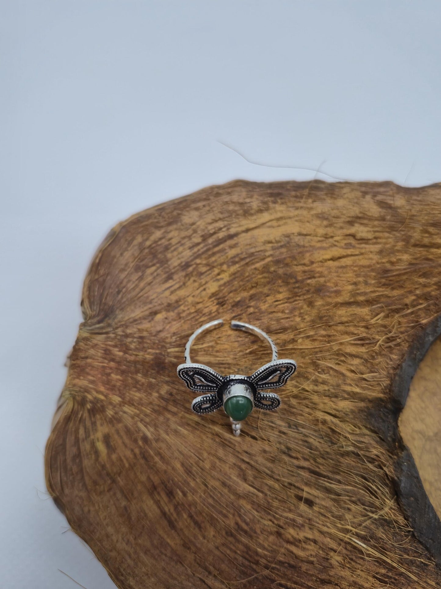 Green Aventurine Butterfly Ring – Adjustable Silver-Plated Gemstone Ring for Women