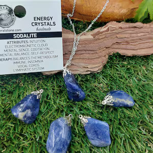 Natural Sodalite Necklace - Steel Chain Crystal Pendant