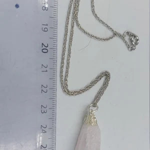 Raw Rose Quartz Necklace - Steel Chain Crystal Pendant
