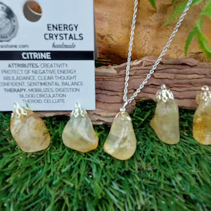 Natural Polished Citrine Necklace - Stainless Steel Chain