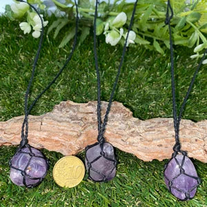 Natural Polished Amethyst Crystal Macrame Wrapped Necklace Purple Gem Rough Mineral Healing Protection Stone Birthstone