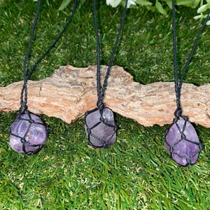 Natural Polished Amethyst Crystal Macrame Wrapped Necklace Purple Gem Rough Mineral Healing Protection Stone Birthstone