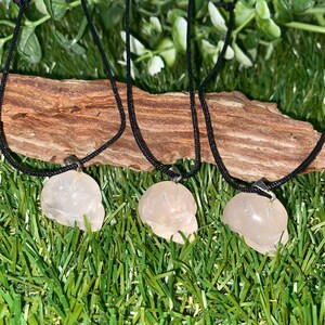 Rose Quartz Crystal Skeleton Necklace, Pink Crystal Curved Skull Necklace