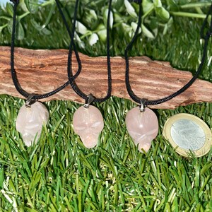 Rose Quartz Crystal Skeleton Necklace, Pink Crystal Curved Skull Necklace