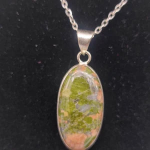 Unakite Silver Plated Brass Pendant Cabochon Cut Healing Crystal