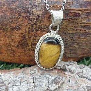 Tiger's Eye Silver Plated Brass Pendant Cabochon Cut Healing Crystal