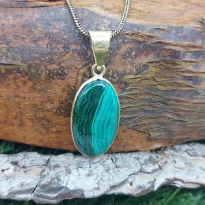 Malachite Brass Pendant Cabochon Cut Healing Crystal