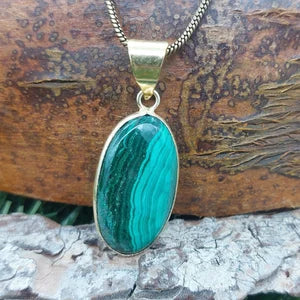 Malachite Brass Pendant Cabochon Cut Healing Crystal