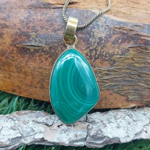 Malachite Brass Pendant Cabochon Cut Healing Crystal