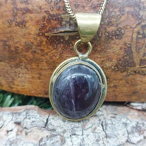 Amethyst Brass Pendant Cabochon Cut Healing Crystal
