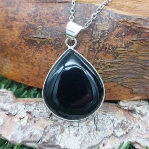 Black Obsidian Silver Plated Brass Pendant Cabochon Cut Healing Crystal