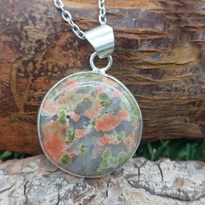 Unakite Silver Plated Brass Pendant Cabochon Cut Healing Crystal