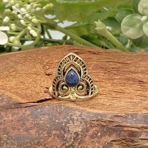 Lapis Lazuli Crystal Brass Ring, Tribal Gemstone Ring