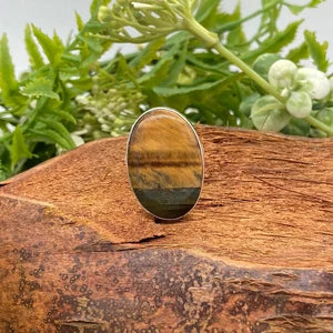 Tiger's Eye cabochon Crystal Silver Plated Adjustable Statement Ring