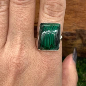 Natural Malachite cabochon Crystal Silver Plated Adjustable Statement Ring