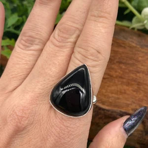 Black Obsidian Crystal Silver Plated Adjustable Statement Ring