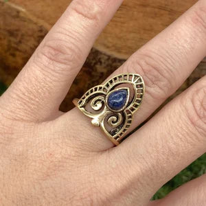 Lapis Lazuli Crystal Brass Ring, Tribal Gemstone Ring