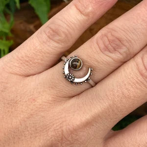 Tiger's Eye Crystal Silver Plated Adjustable Ring, Half Moon Gemstone Ring
