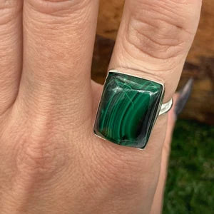 Natural Malachite cabochon Crystal Silver Plated Adjustable Statement Ring