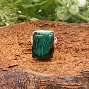 Natural Malachite cabochon Crystal Silver Plated Adjustable Statement Ring