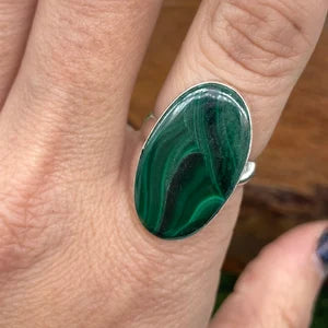 Malachite Crystal Silver Plated Adjustable Statement Ring