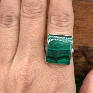 Malachite Crystal Silver Plated Adjustable cabochon Statement Ring