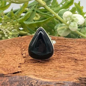 Black Obsidian Crystal Silver Plated Adjustable Statement Ring
