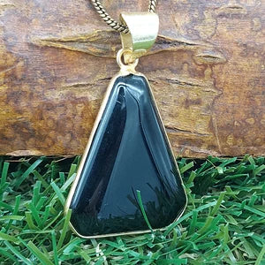 Black Obsidian Brass Pendant Cabochon Cut Healing Crystal