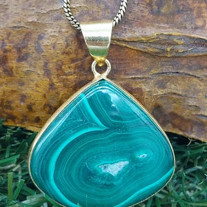 Malachite Brass Pendant Cabochon Cut Healing Crystal